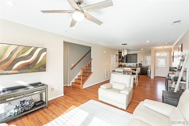 living room with stairs, crown molding, visible vents, and light wood-type flooring