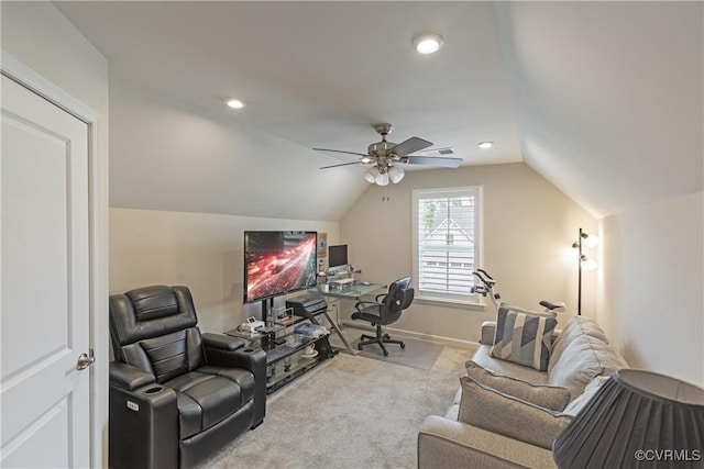 carpeted home office with recessed lighting, baseboards, a ceiling fan, and vaulted ceiling