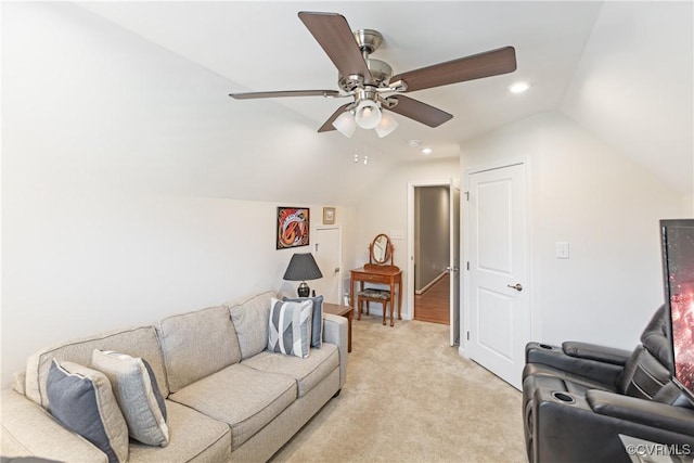 living area featuring light carpet, recessed lighting, ceiling fan, and lofted ceiling