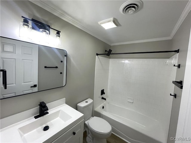 bathroom featuring visible vents, toilet, shower / bathing tub combination, crown molding, and vanity