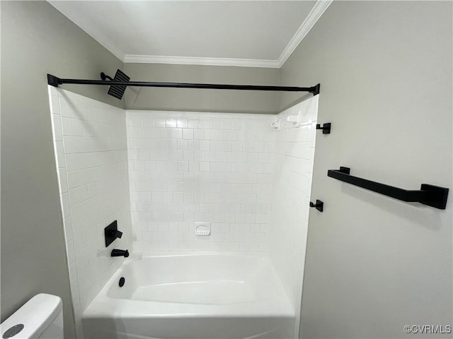 bathroom with toilet, shower / bathing tub combination, and ornamental molding