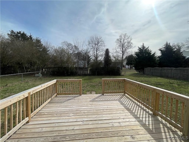 wooden terrace featuring a yard and a fenced backyard