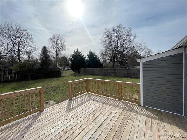 wooden deck with a lawn and a fenced backyard