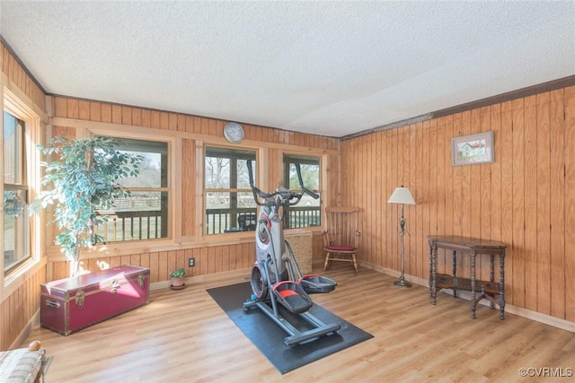 exercise room with wood finished floors, baseboards, and a textured ceiling