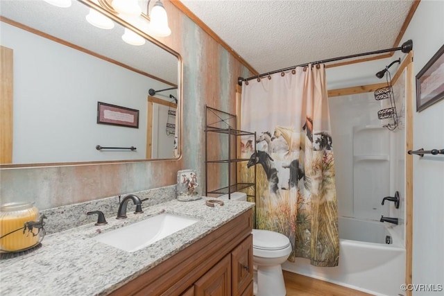 full bath with toilet, shower / tub combo with curtain, ornamental molding, a textured ceiling, and vanity