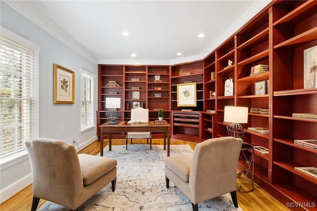 office area with recessed lighting, crown molding, baseboards, and wood finished floors