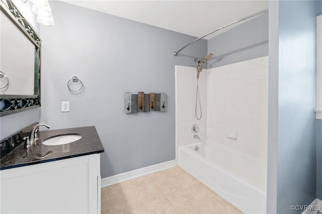 full bathroom with tile patterned floors, shower / bathing tub combination, baseboards, and vanity