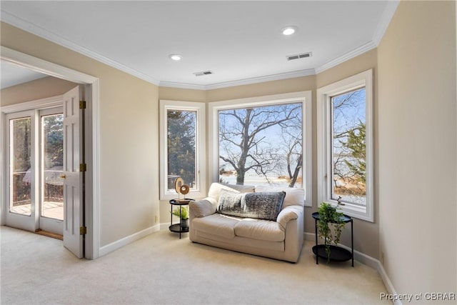 sitting room with carpet flooring, a healthy amount of sunlight, and baseboards