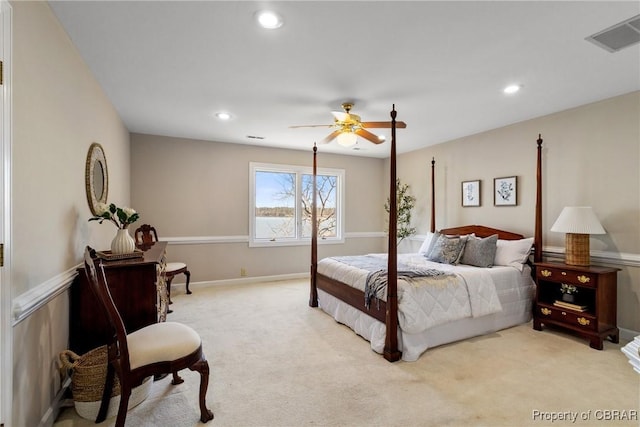 bedroom with recessed lighting, visible vents, carpet flooring, and ceiling fan