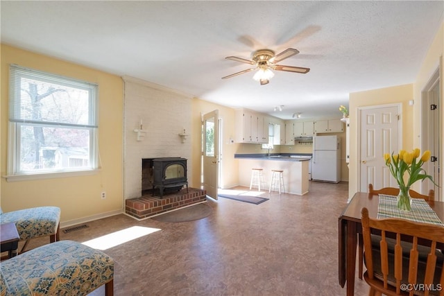 living area featuring visible vents, a healthy amount of sunlight, a wood stove, and ceiling fan