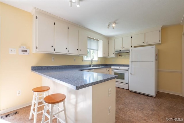 kitchen featuring visible vents, a sink, under cabinet range hood, white appliances, and a peninsula