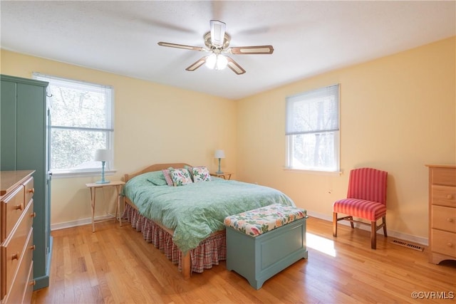 bedroom featuring light wood-type flooring, baseboards, visible vents, and ceiling fan