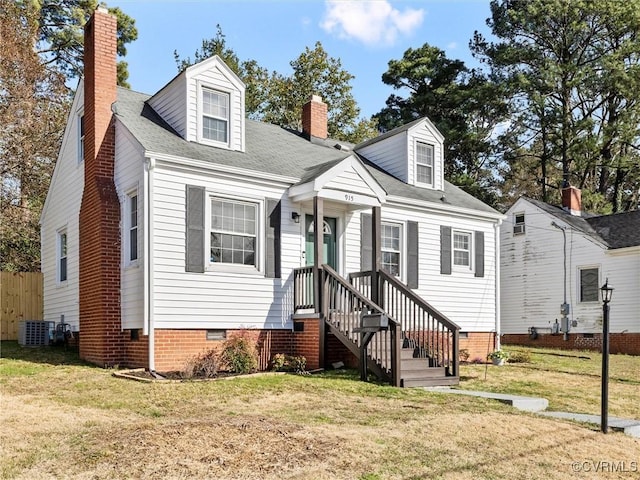 cape cod home with crawl space, a front yard, and a chimney