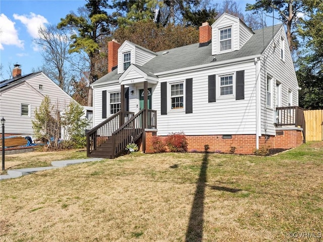 new england style home with crawl space, a front lawn, a chimney, and fence