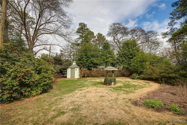 view of yard featuring a storage shed and an outdoor structure