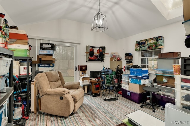 interior space with a chandelier, carpet flooring, and lofted ceiling