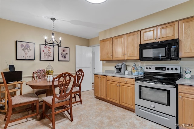 kitchen featuring black microwave, light brown cabinetry, light countertops, stainless steel range with electric stovetop, and hanging light fixtures