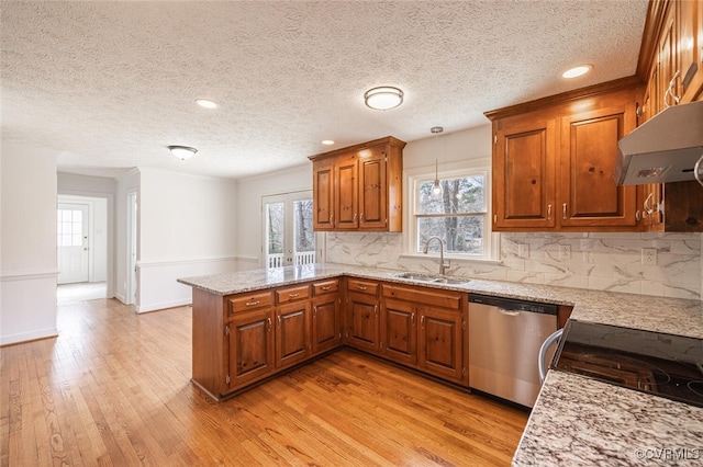 kitchen featuring a peninsula, light wood-style flooring, a sink, under cabinet range hood, and dishwasher