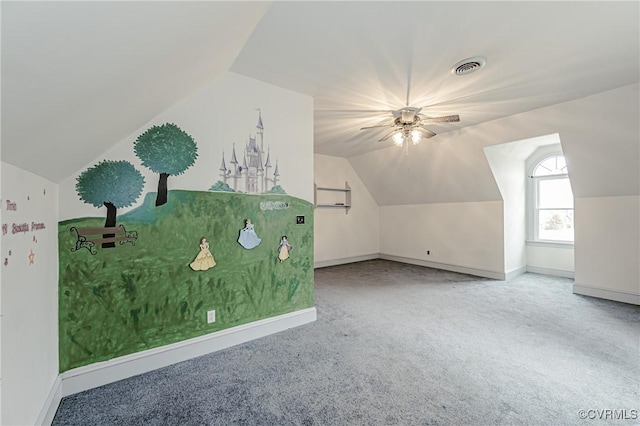 bonus room with baseboards, visible vents, carpet floors, and lofted ceiling