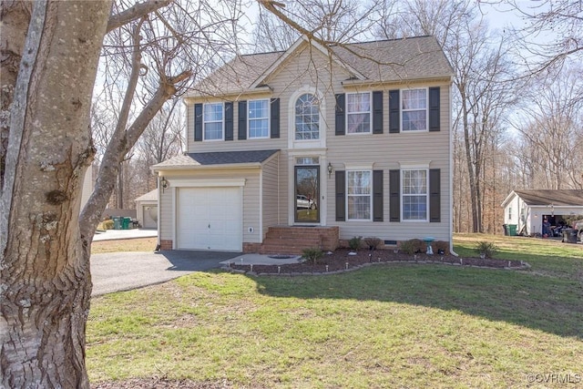 colonial-style house with a garage, a front lawn, driveway, roof with shingles, and crawl space