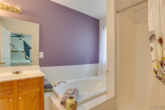 full bath with curtained shower, ensuite bath, vanity, and a bath