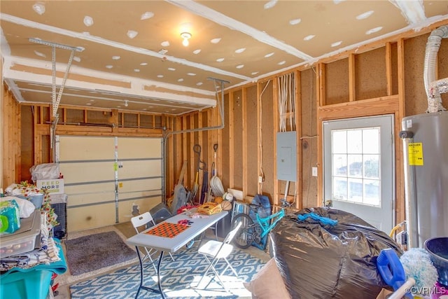 garage featuring electric panel and electric water heater