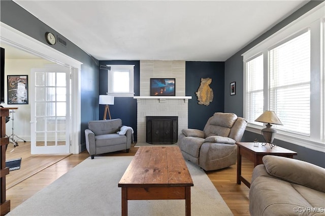 living room featuring an accent wall, wood finished floors, and a fireplace