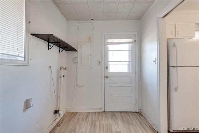 laundry room with electric panel, laundry area, and light wood-style floors