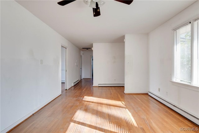 empty room with a ceiling fan, light wood finished floors, a baseboard radiator, a baseboard heating unit, and baseboard heating