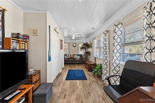 corridor with wooden ceiling, wood finished floors, and ornamental molding