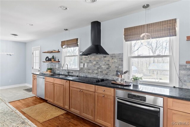 kitchen featuring range hood, open shelves, a sink, appliances with stainless steel finishes, and backsplash