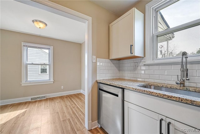 kitchen featuring light stone countertops, visible vents, a sink, decorative backsplash, and dishwasher