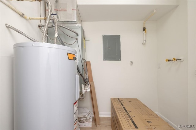 utility room with electric panel and water heater