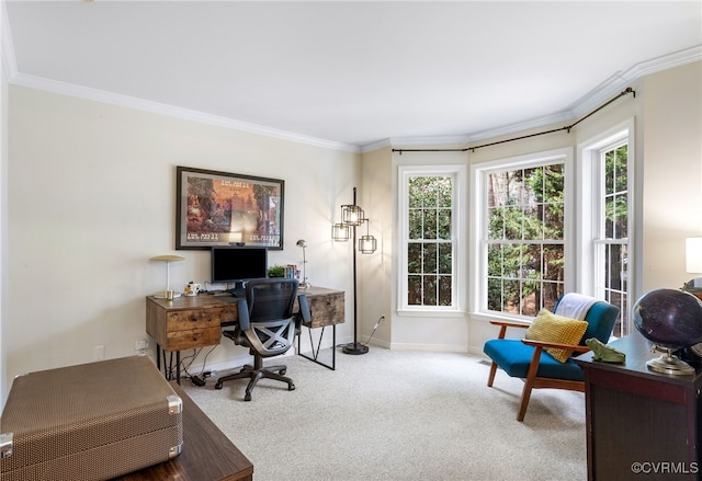 carpeted home office with baseboards and ornamental molding