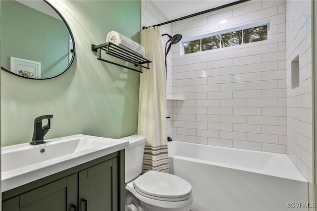 bathroom with vanity, toilet, and shower / tub combo with curtain