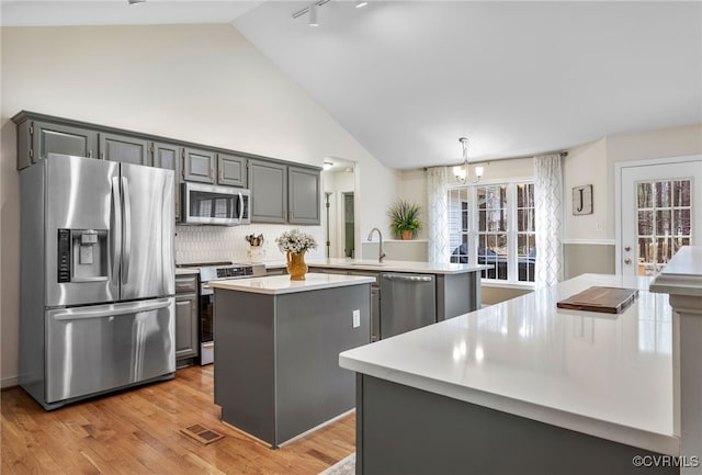 kitchen with a kitchen island, a peninsula, gray cabinetry, stainless steel appliances, and light countertops