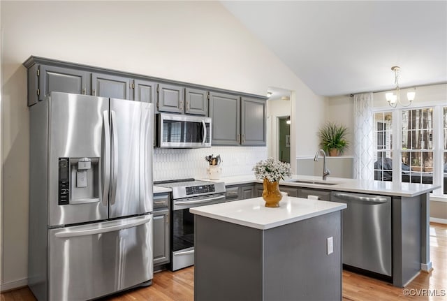 kitchen featuring gray cabinetry, a sink, stainless steel appliances, a peninsula, and vaulted ceiling