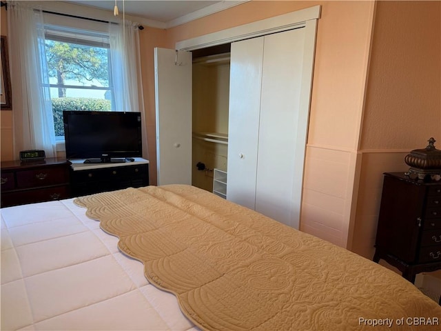 bedroom featuring a closet and ornamental molding