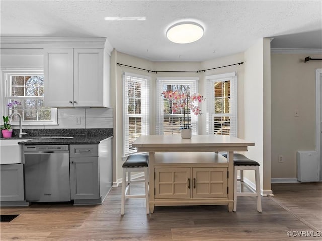 kitchen featuring dishwasher, wood finished floors, gray cabinets, and a wealth of natural light