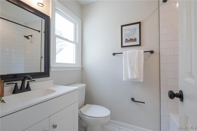 full bath with a bathing tub, a shower, toilet, and vanity