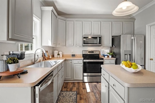 kitchen with ornamental molding, a sink, dark wood-style floors, appliances with stainless steel finishes, and light countertops