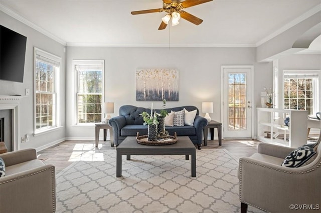 living room with wood finished floors, a fireplace, baseboards, and ornamental molding