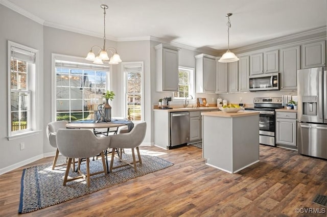 kitchen with dark wood-style floors, gray cabinets, and stainless steel appliances