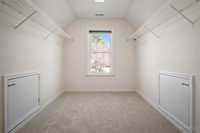 spacious closet featuring visible vents, carpet, and vaulted ceiling