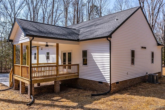 view of home's exterior featuring central air condition unit, roof with shingles, a wooden deck, crawl space, and ceiling fan