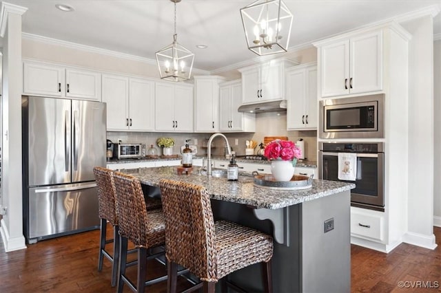 kitchen with ornamental molding, dark wood-type flooring, under cabinet range hood, appliances with stainless steel finishes, and backsplash