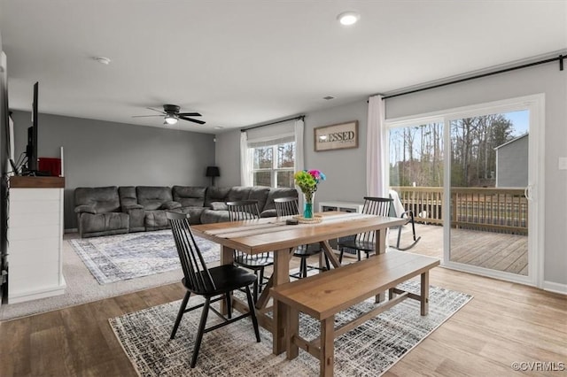 dining area with recessed lighting, light wood-style floors, baseboards, and ceiling fan