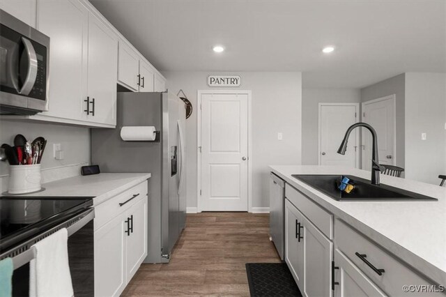 kitchen with a sink, light countertops, white cabinetry, and stainless steel appliances