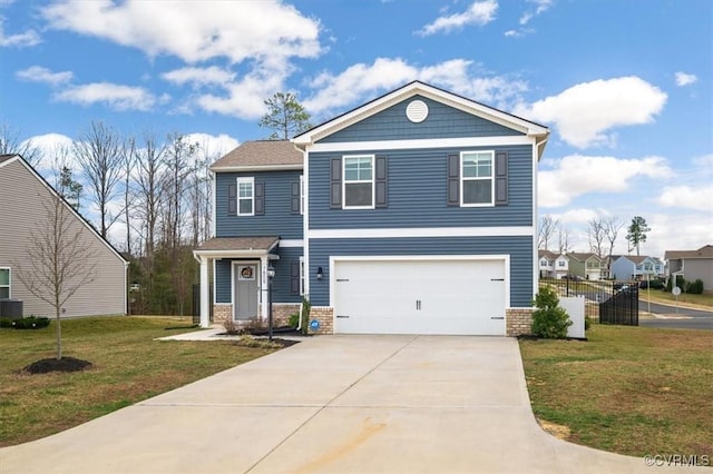 view of front of home featuring brick siding, a garage, a front lawn, and driveway