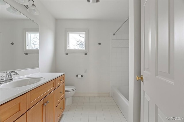 full bath with vanity, visible vents, baseboards, tile patterned floors, and toilet